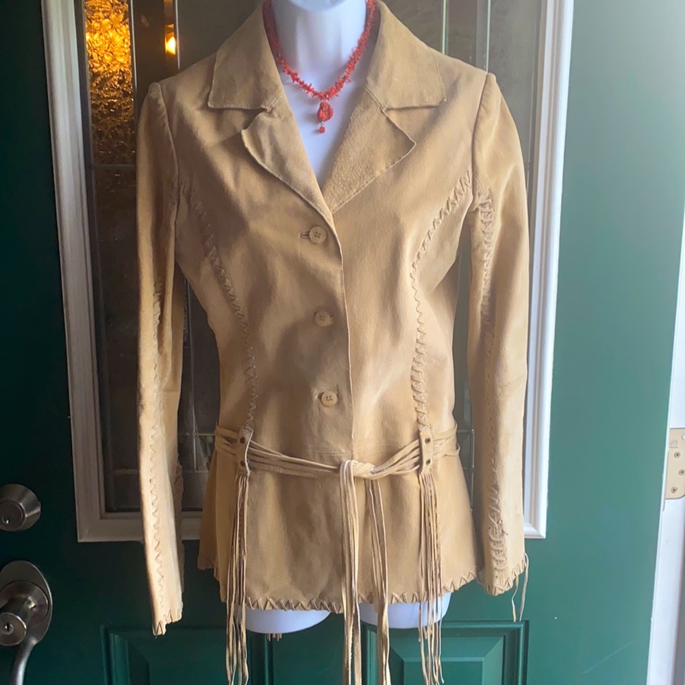 Tan leather fringe jacket
